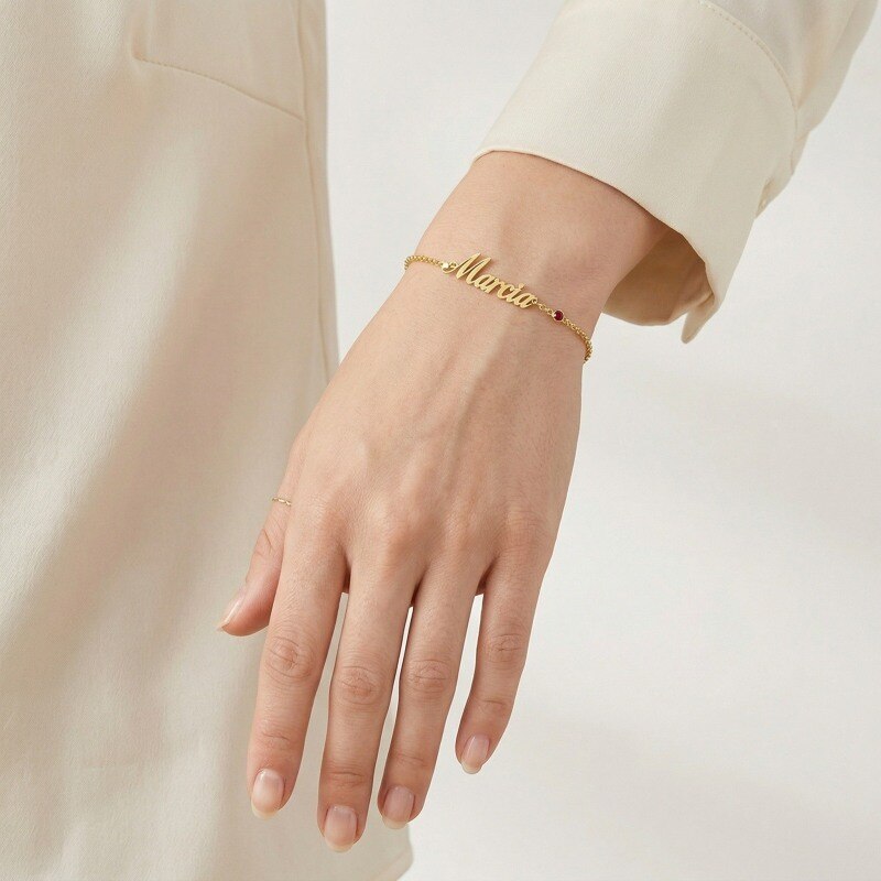 Pulsera personalizada con piedra natal y nombre clásico en oro de 14 quilates con circonita cúbica y circonita cúbica.-2