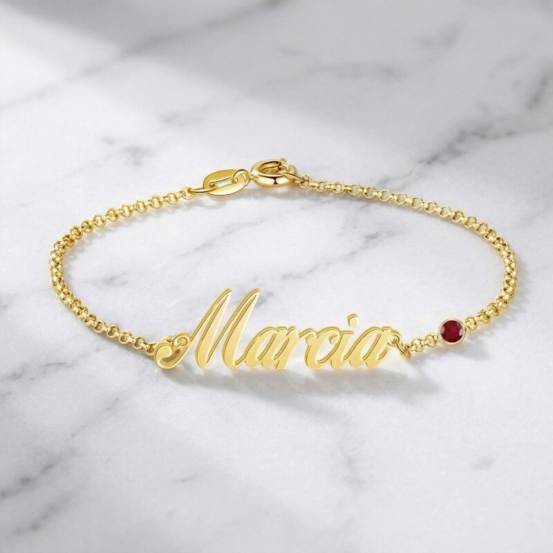 Pulsera personalizada con piedra natal y nombre clásico en oro de 14 quilates con circonita cúbica y circonita cúbica.-3