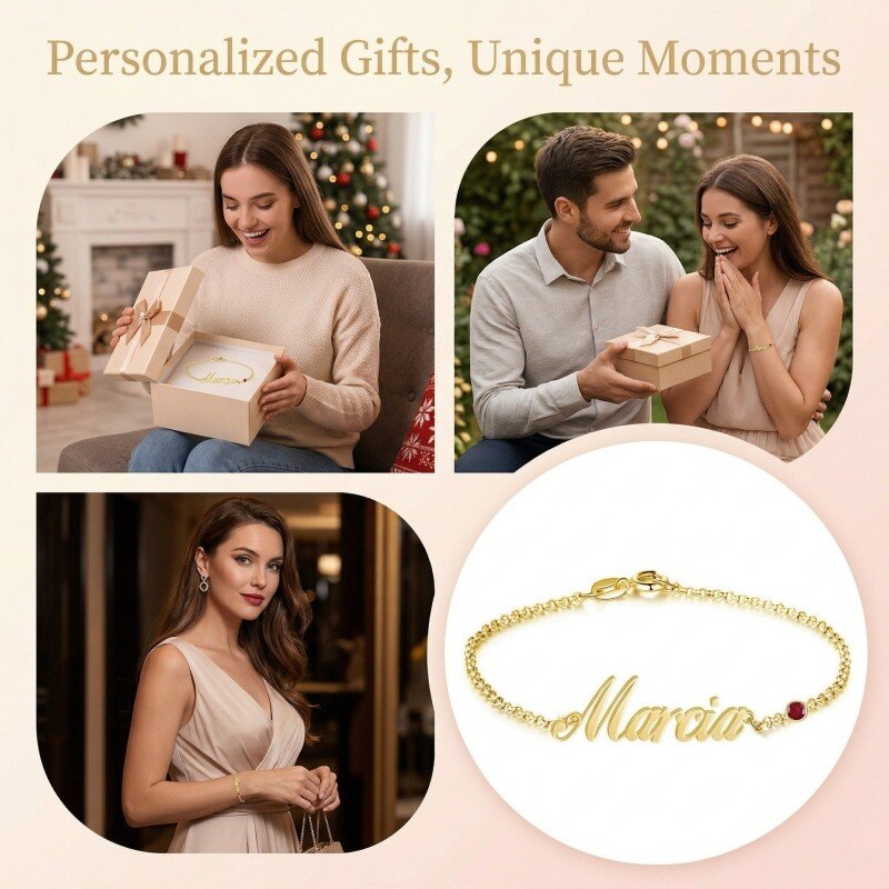 Pulsera personalizada con piedra natal y nombre clásico en oro de 14 quilates con circonita cúbica y circonita cúbica.-4