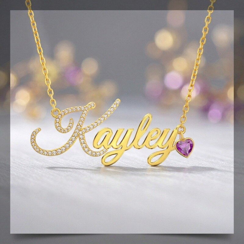 Personalisierte Halskette aus 10-karätigem Gold mit Zirkonia, Geburtsstein, klassischem Namen und Herzanhänger-3