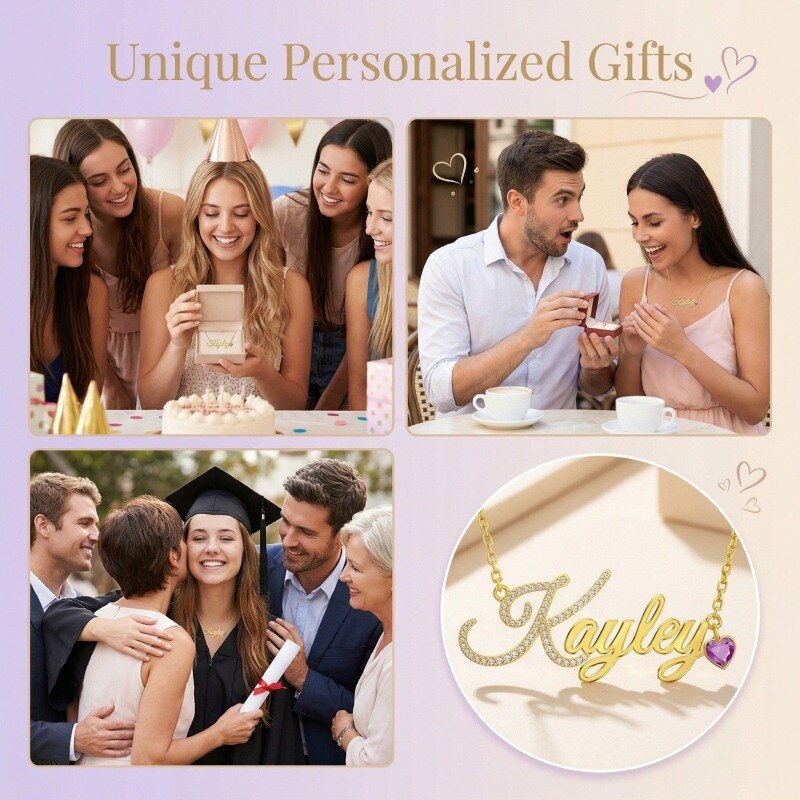 Personalisierte Halskette aus 10-karätigem Gold mit Zirkonia, Geburtsstein, klassischem Namen und Herzanhänger-4