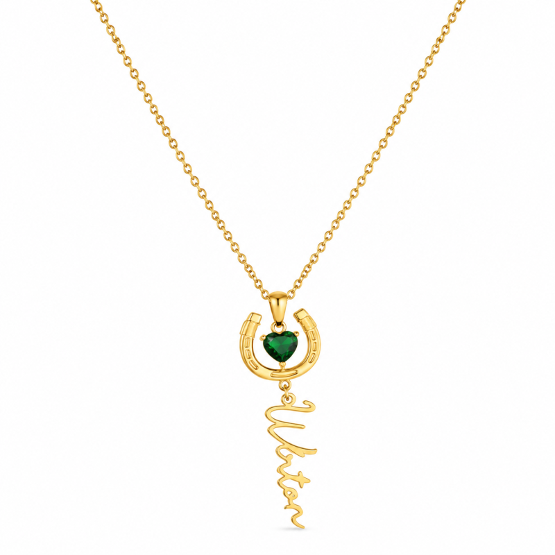 Personalisierte Geburtsstein-Halskette aus 10-karätigem Gold mit Zirkonia, klassischem Namen und Hufeisenanhänger-1