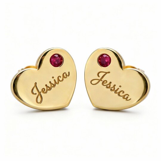 Boucles d'oreilles clous en or 10K avec zircons cubiques, pierre de naissance personnalisée, gravure et forme de cœur