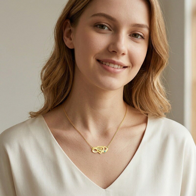 Collier pendentif personnalisé en or 10 carats avec zircon cubique, pierre de naissance et gravure symbole de l'infini-3