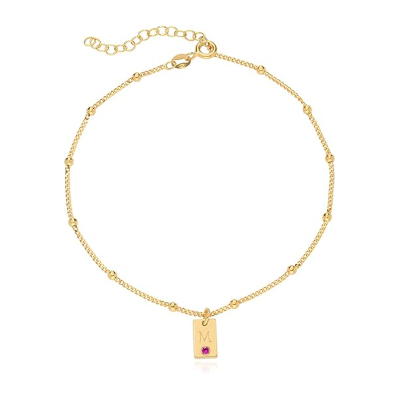 18-karätiges Gold-Fußkettchen mit Zirkonia und personalisierter Geburtssteingravur, einlagig-1