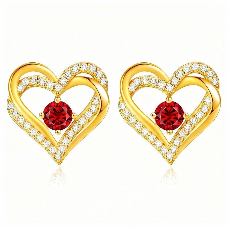 18K Gold Cubic Zirconia Personalized Birthstone & Heart Stud Earrings-1