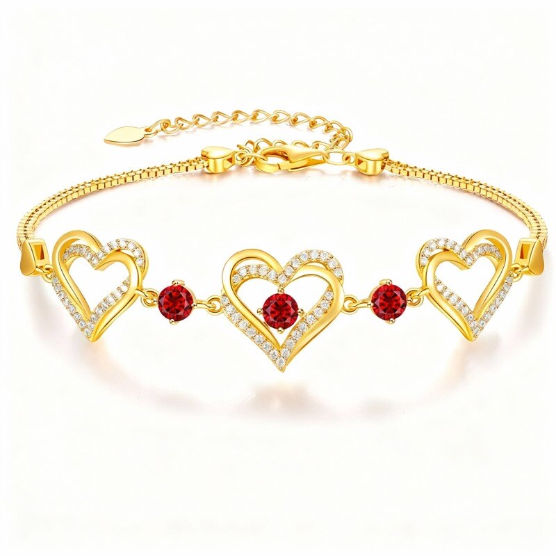 10K Gold Cubic Zirconia Personalized Birthstone & Heart With Heart Charm Bracelet-1