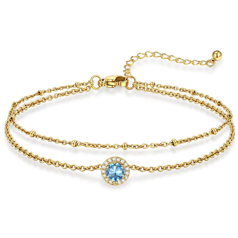 14K Gold Cubic Zirconia Personalized Birthstone Multi-layered Charm Anklet-1