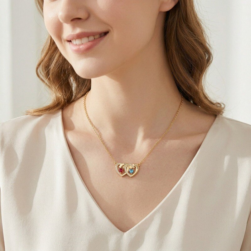 Collar con corazón personalizado con nombre y piedra natal en oro de 18 quilates y circonitas cúbicas para mujer-2