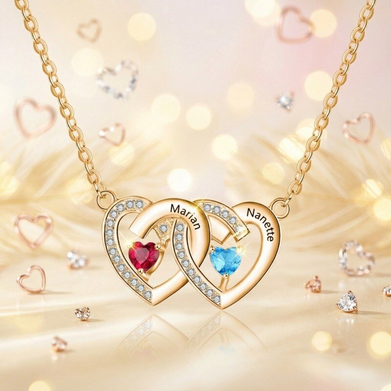 Collar con corazón personalizado con nombre y piedra natal en oro de 18 quilates y circonitas cúbicas para mujer-3