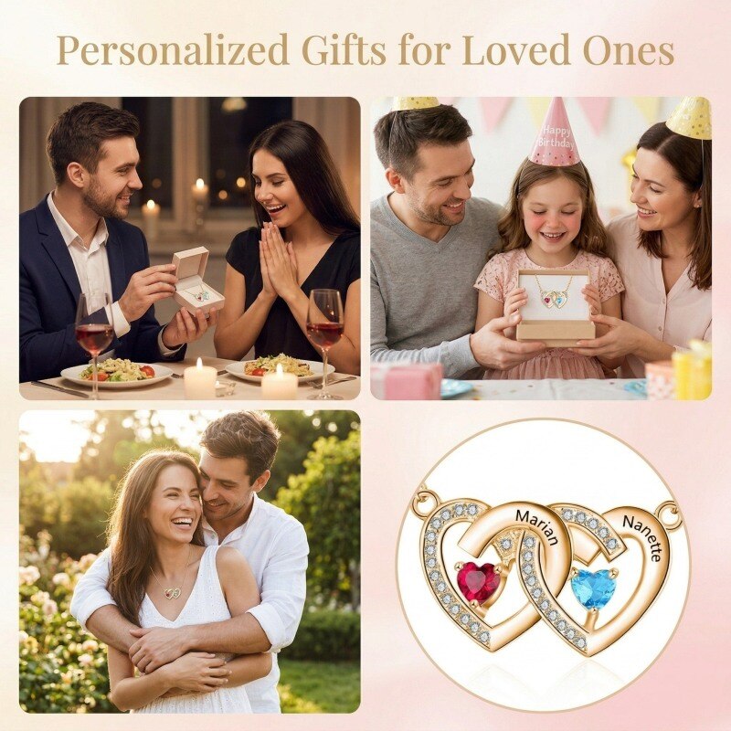 Collar con corazón personalizado con nombre y piedra natal en oro de 18 quilates y circonitas cúbicas para mujer-4