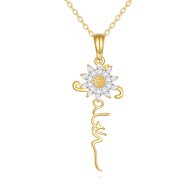 Collar con colgante de girasol clásico personalizado con circonita cúbica y oro de 14 quilates-1