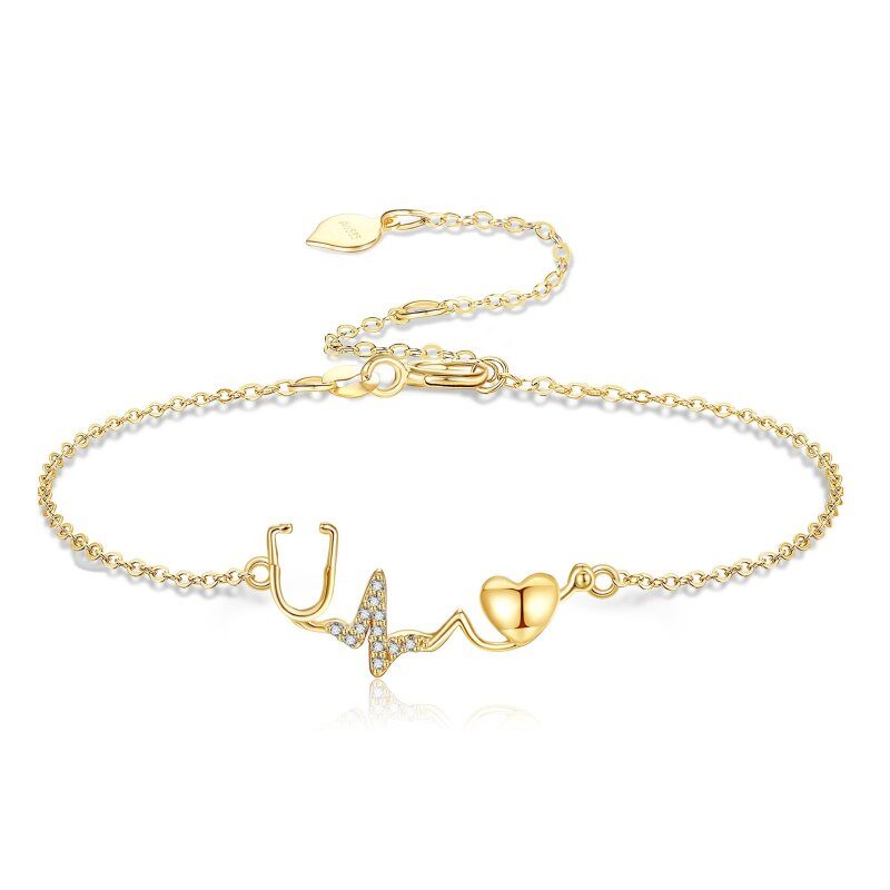 Bracelet personnalisé en or 14 carats avec zircon cubique, initiale et stéthoscope pour femme-1