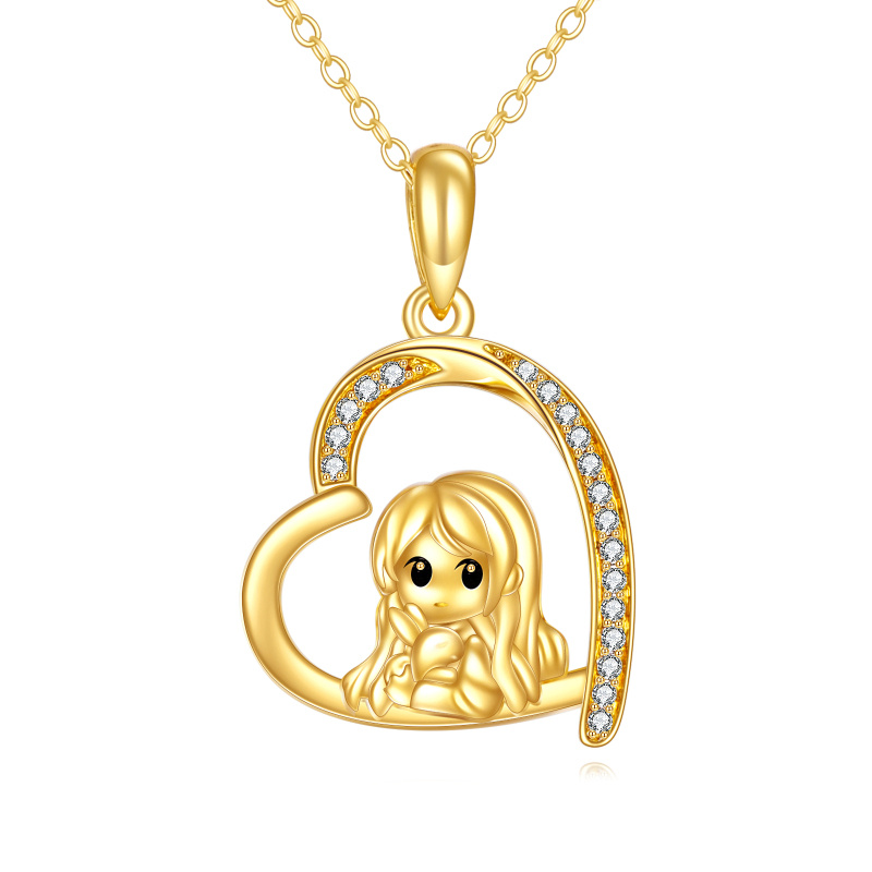 Collar con colgante de conejo y corazón de circonita cúbica en oro de 10 quilates-1