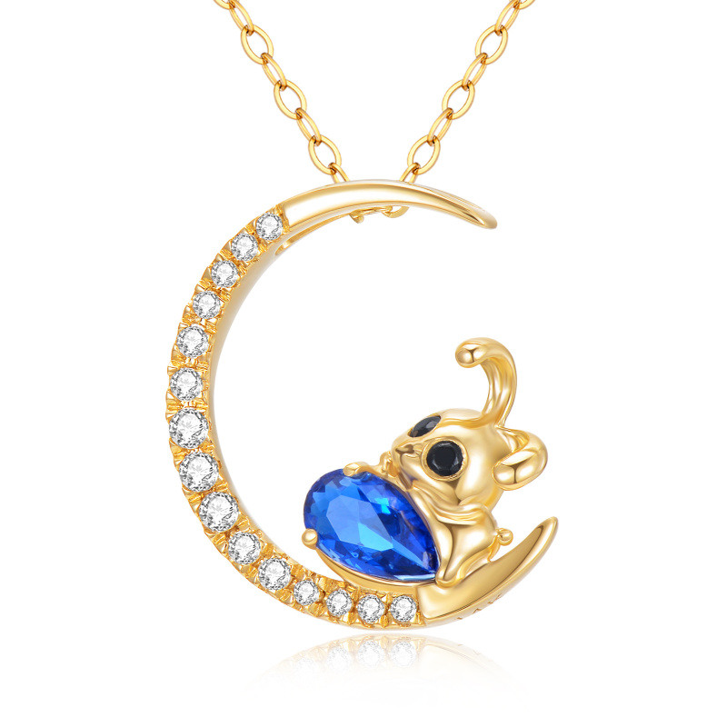 Collier à pendentif lapin et lune en zircone cubique doré 14K-1