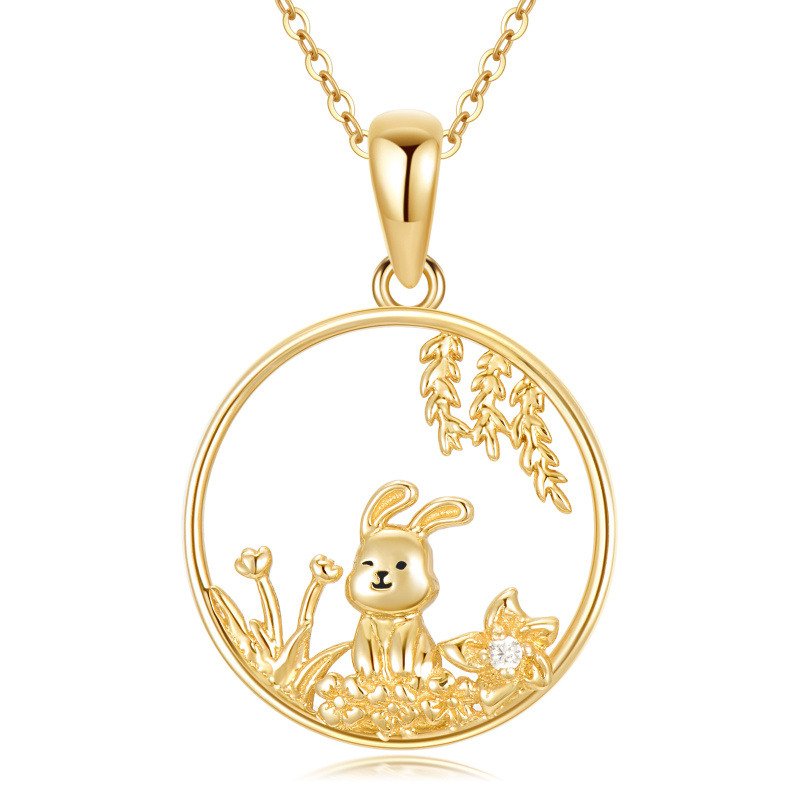 Collar con colgante de conejo de circonita cúbica en oro de 14 quilates-1