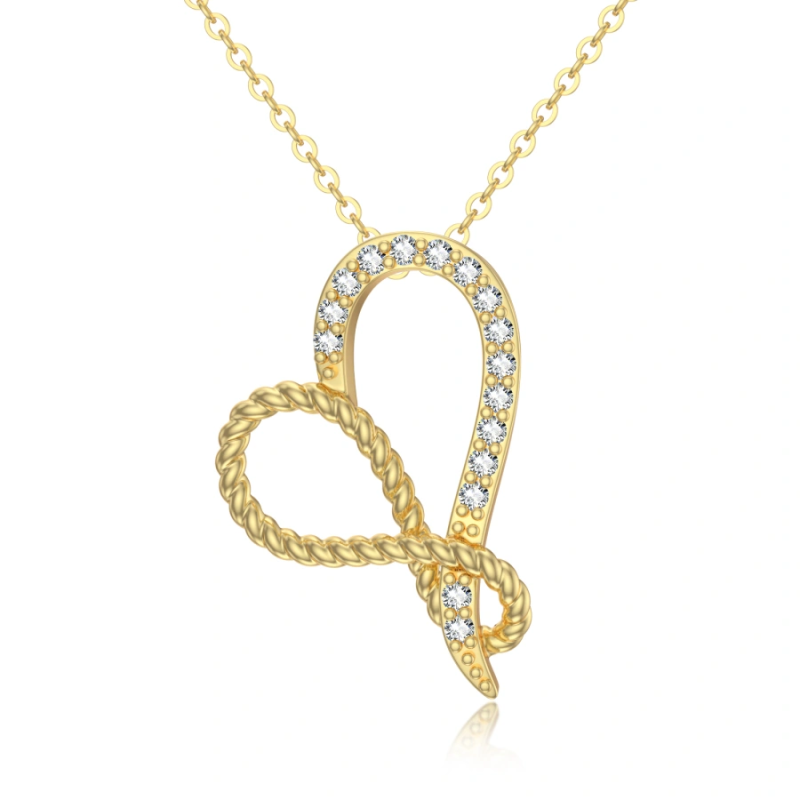 Collier en or 10 carats avec pendentif cœur en forme de corde et zircon cubique pour femme-1