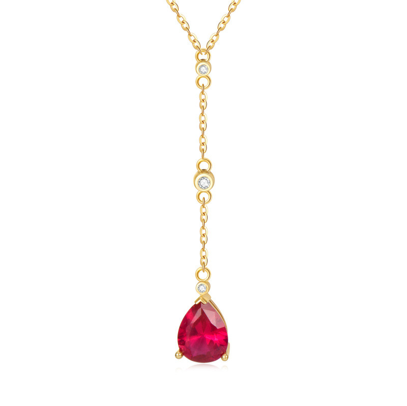 Collier en Y non ajustable en or 14 carats, zircon cubique et rubis, en forme de goutte-1