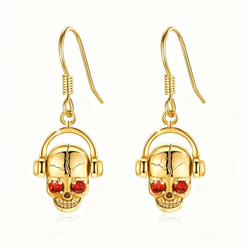 Boucles d'oreilles pendantes en or 14 carats et zircon cubique en forme de crâne-1