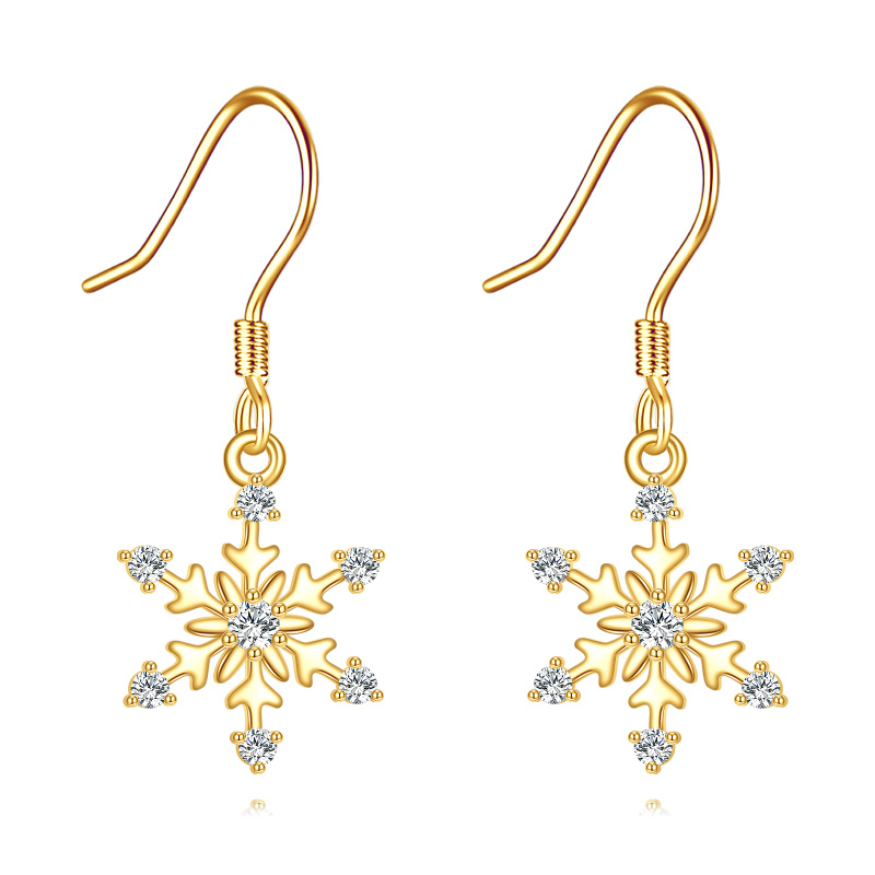10K Gold Cubic Zirconia Snowflake Drop Earrings-1