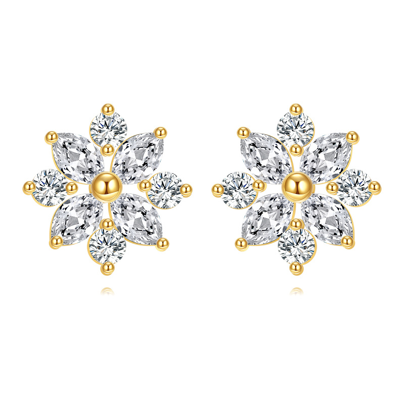 10K Gold Cubic Zirconia Snowflake Stud Earrings-1