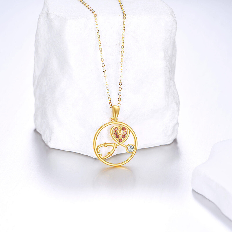 18K Gold Cubic Zirconia Stethoscope Pendant Necklace-3