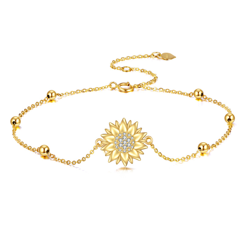 10K Gold Cubic Zirconia Sunflower & Bead Charm Bracelet-1