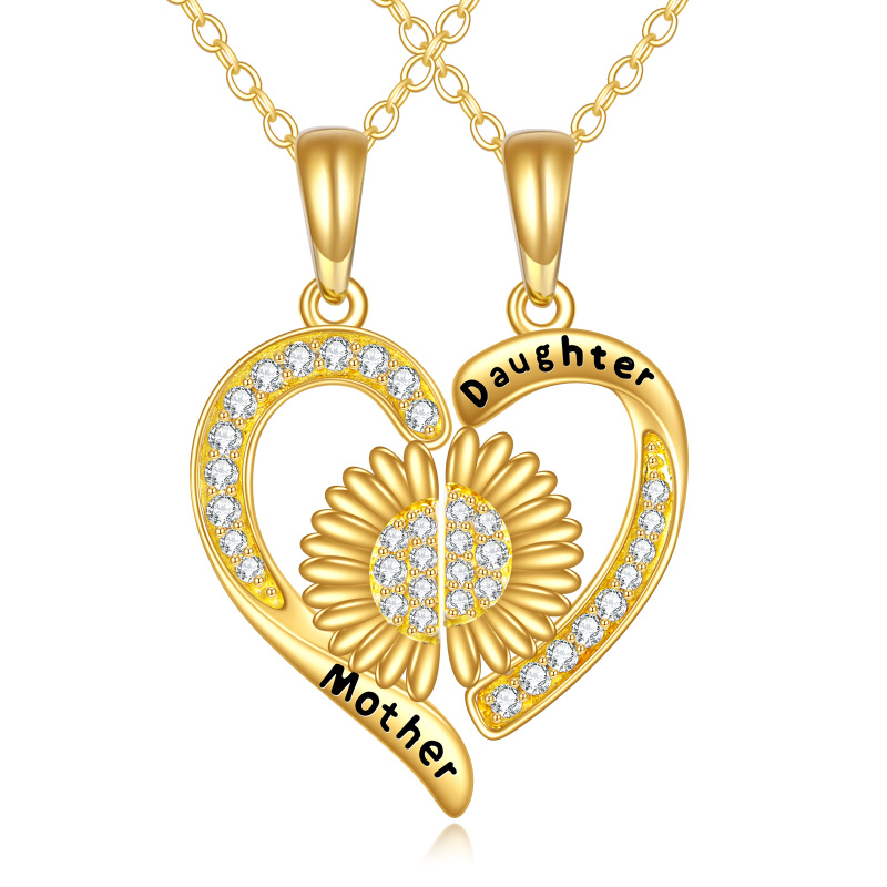 Collar con colgante de girasol y corazón de circonita cúbica en oro de 14 quilates con palabra grabada-1