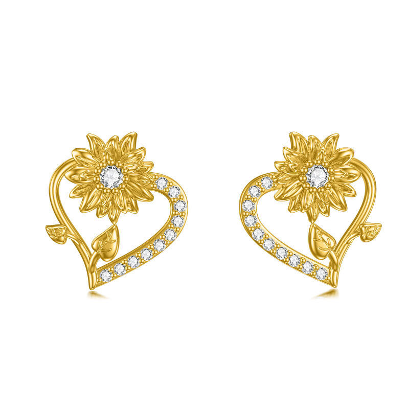 14K Gold Cubic Zirconia Sunflower & Heart Stud Earrings-1
