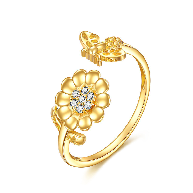 Anillo abierto de girasol con circonita cúbica y oro de 14 quilates-1