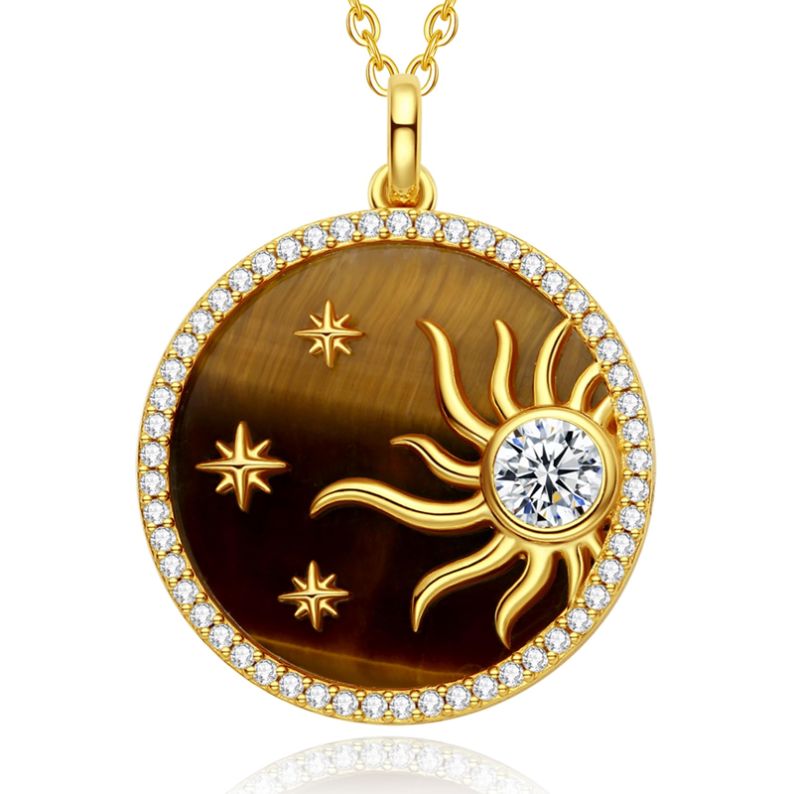 14K Gold Cubic Zirconia & Tiger's Eye Star & Sun Pendant Necklace-1