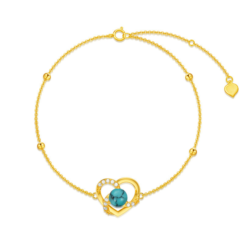 Pulsera de oro de 18 quilates con circonitas cúbicas, cuentas de turquesa y dije de corazón-1