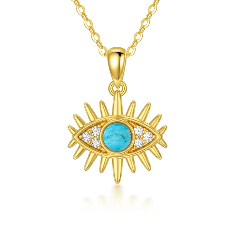 Collar con colgante de ojo malvado de turquesa y circonita cúbica en oro de 10 quilates-1
