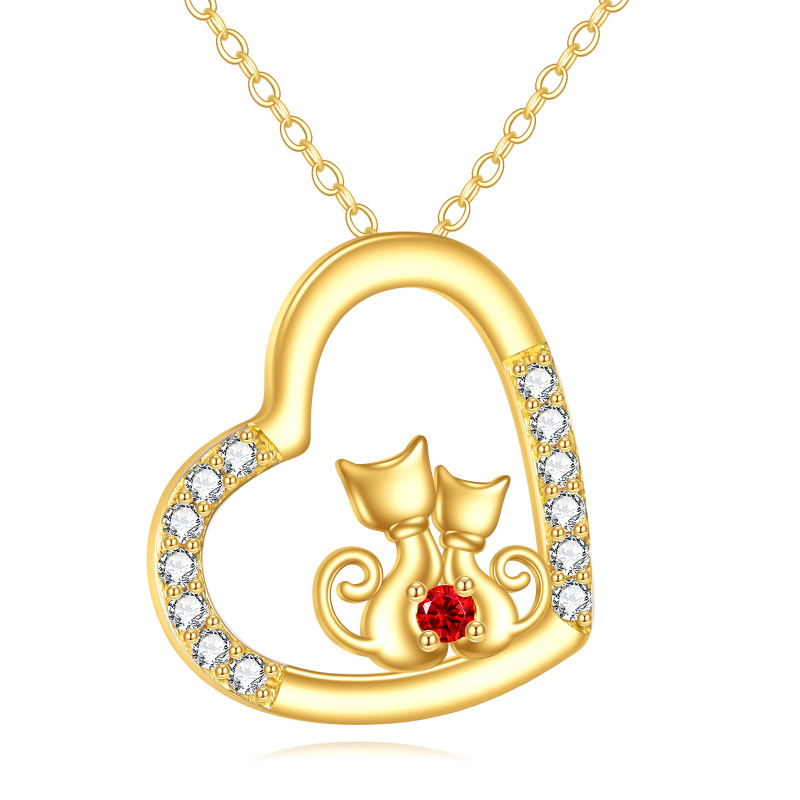 Collar con colgante de dos gatos y un corazón en oro de 14 quilates con circonitas cúbicas-1
