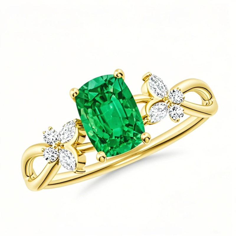 Verlobungsring aus 10-karätigem Gold mit länglichem Kissenschliff, im Labor gezüchtetem Smaragd und im Labor gezüchtetem Diamanten – individuell gestaltet und von der Natur inspiriert-1