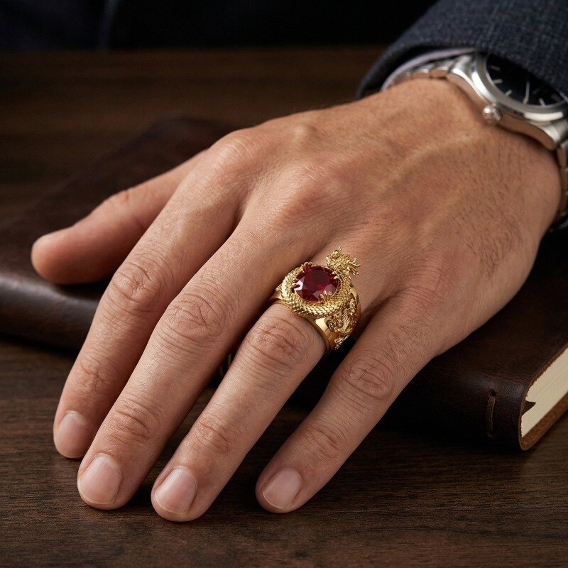 Anillo de dragón en oro de 14 quilates con granate cortado en almohadilla para hombre-2