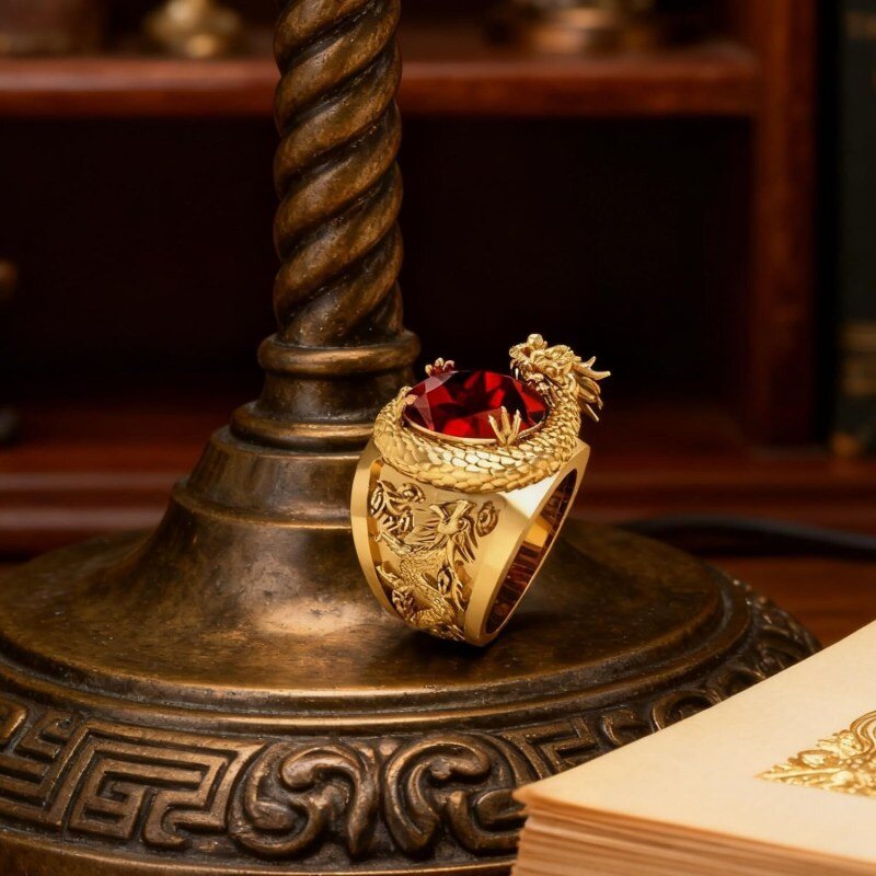 Anillo de dragón en oro de 14 quilates con granate cortado en almohadilla para hombre-3