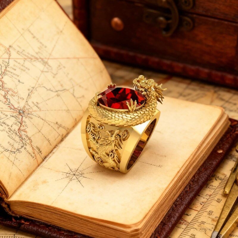 Anillo de dragón en oro de 14 quilates con granate cortado en almohadilla para hombre-4