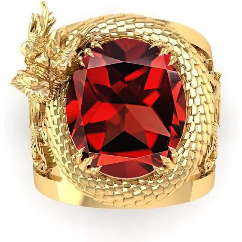 Anillo de dragón en oro de 14 quilates con granate cortado en almohadilla para hombre-5