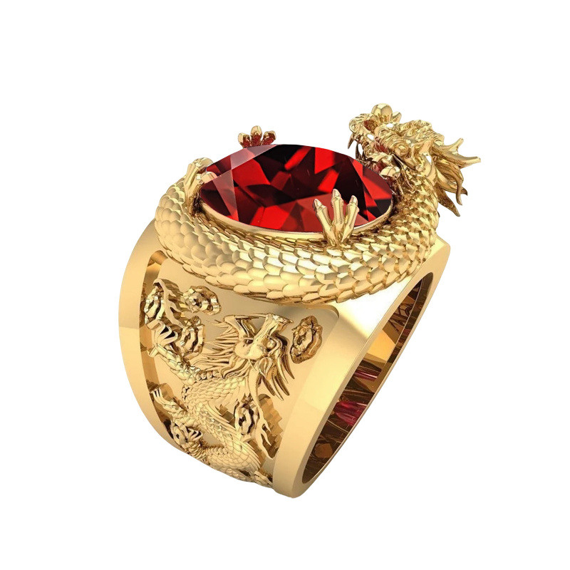 10K Gold Cushion Cut Garnet Dragon Ring for Men-4