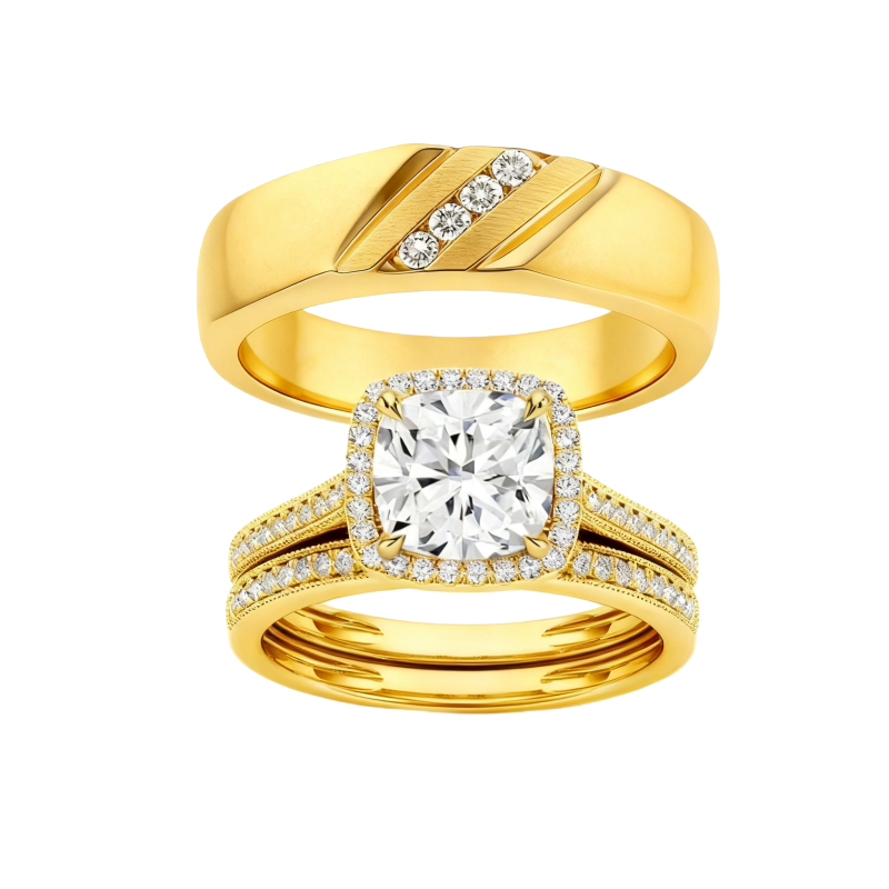 Anillos de pareja de moissanita talla cojín en oro de 18 quilates-1