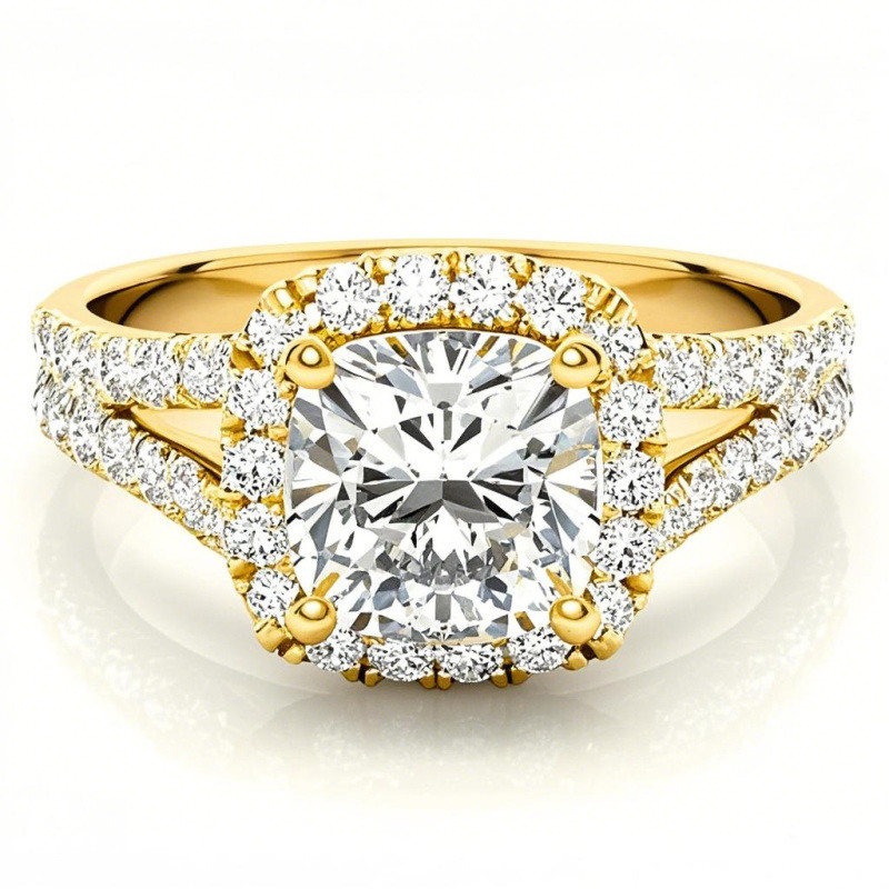 10K Gold Cushion Cut Moissanite Halo Engagement Ring-1