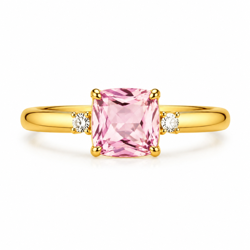 Anillo de compromiso de oro de 18 quilates con morganita talla cojín y piedra lateral.-1
