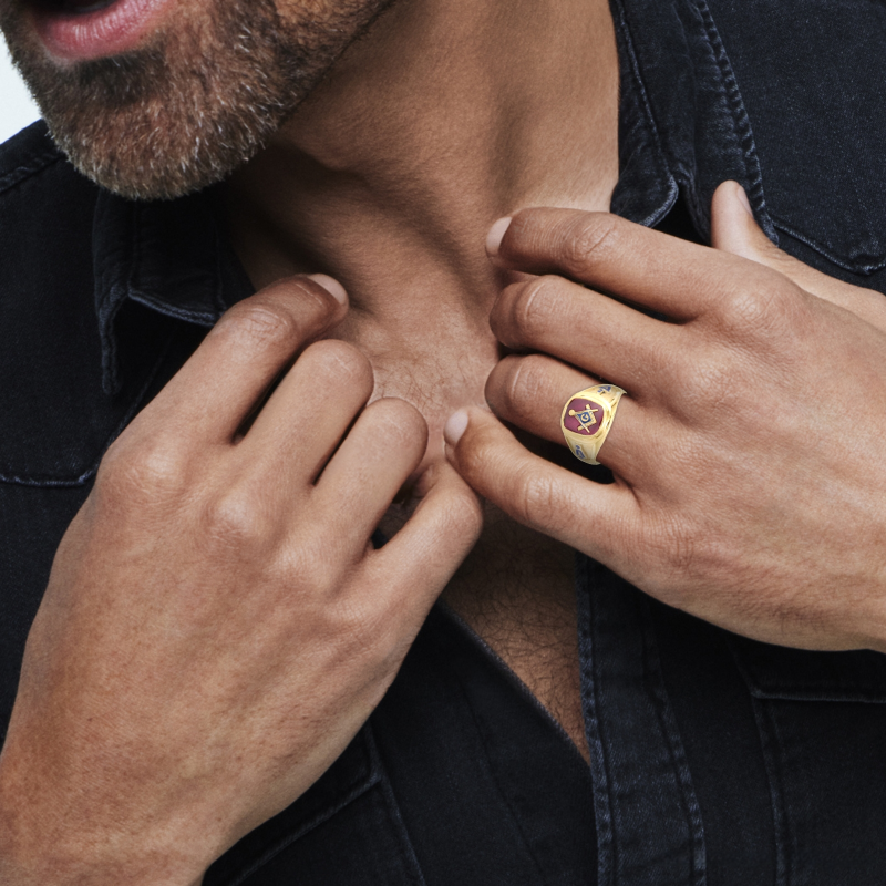 Bague franc-maçonne en argent sterling plaqué or jaune avec rubis taille coussin pour homme-2