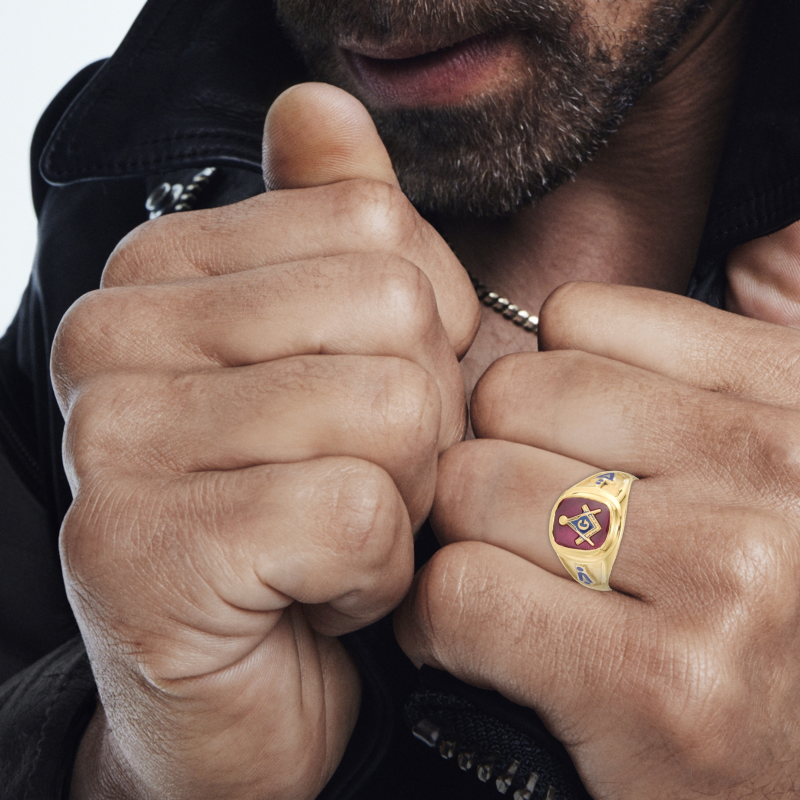 Bague franc-maçonne en argent sterling plaqué or jaune avec rubis taille coussin pour homme-5