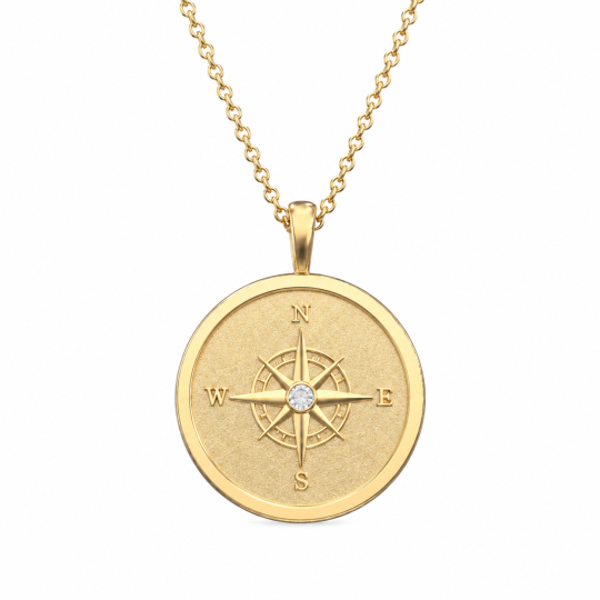 Collana pendente in argento sterling placcato oro giallo con diamanti incisione e bussola per uomo
