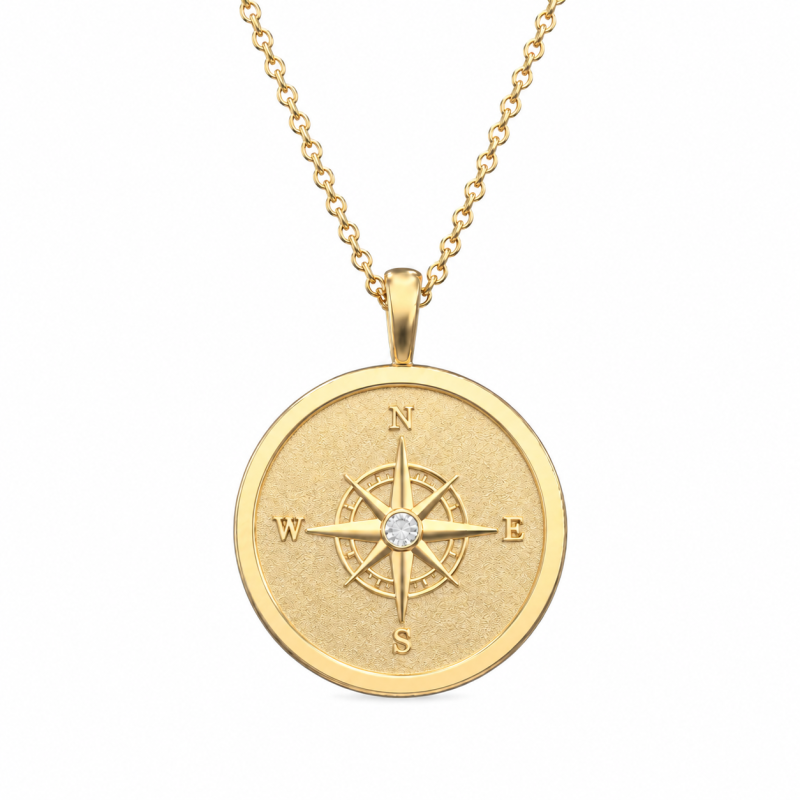 10K Gold Diamond Engravable & Compass Pendant Necklace for Men-1