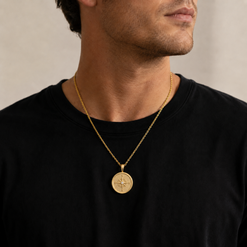 10K Gold Diamond Engravable & Compass Pendant Necklace for Men-2