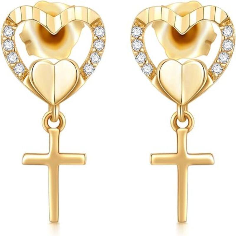 Orecchini a bottone a forma di cuore in oro 10 carati con diamanti e moissanite-1