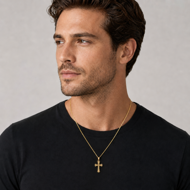 18K Gold Double Cross Pendant Necklace for Men-2
